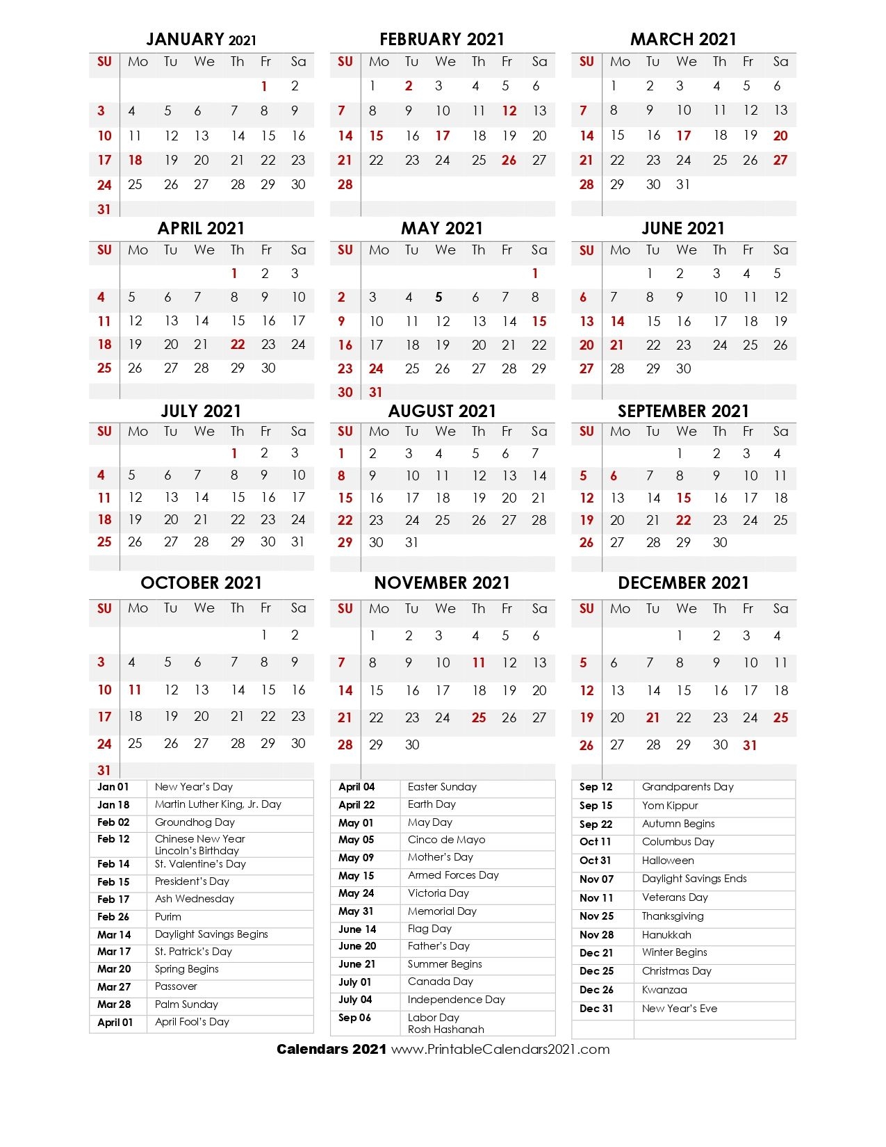 68 Printable 2021 Yearly Calendar With Holidays, Portrait