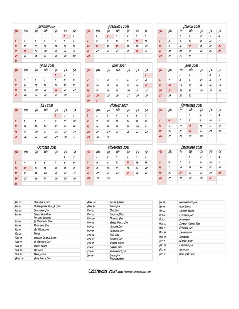 68 Printable 2021 Yearly Calendar With Holidays, Portrait