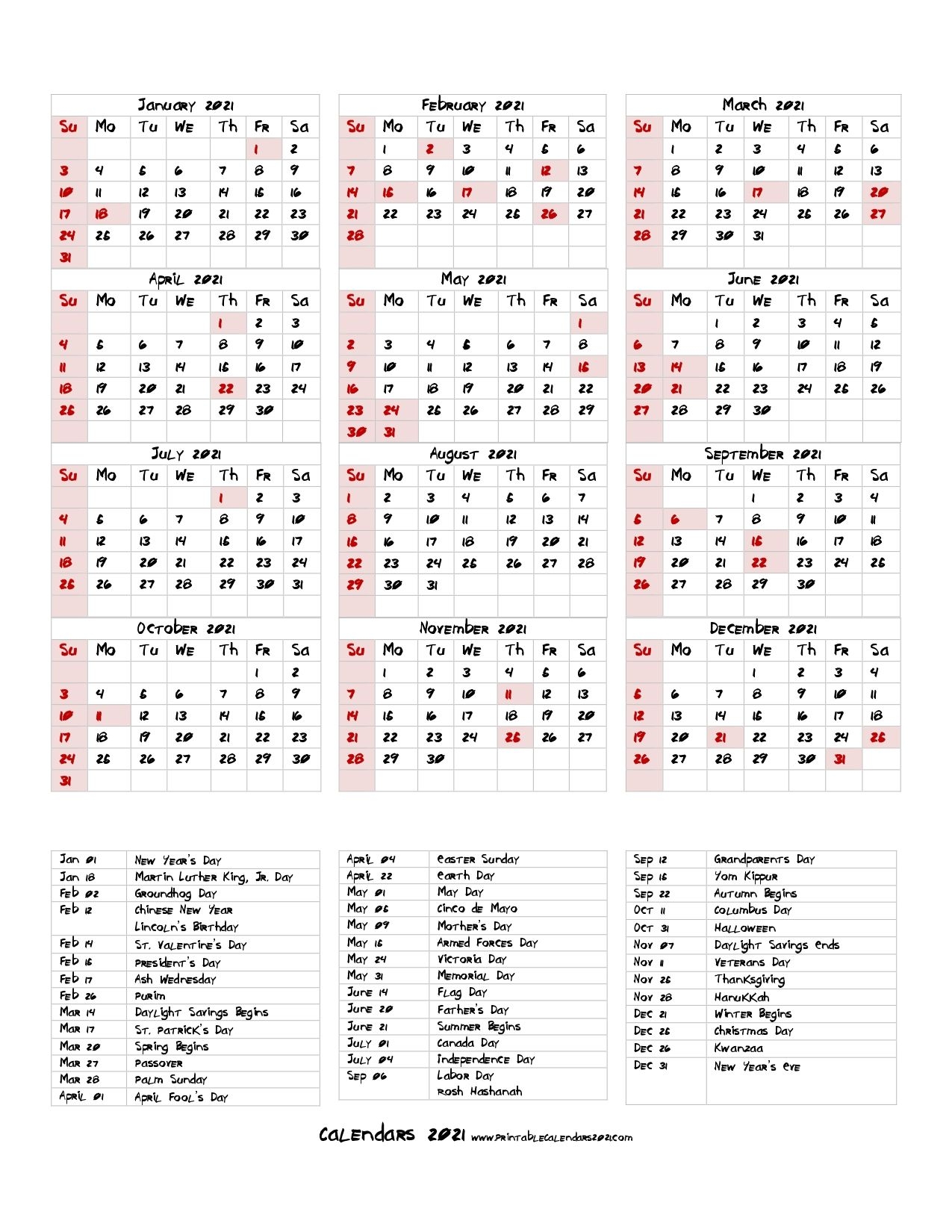 68 Printable 2021 Yearly Calendar With Holidays, Portrait