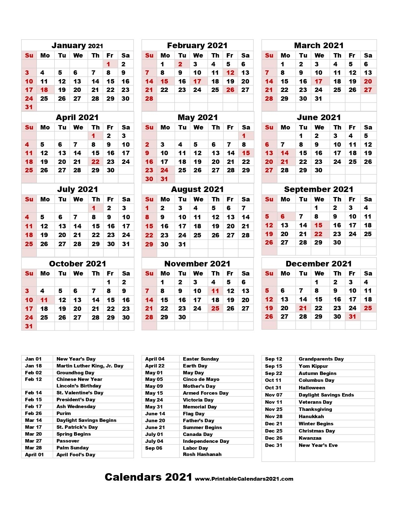 68 Printable 2021 Yearly Calendar With Holidays, Portrait