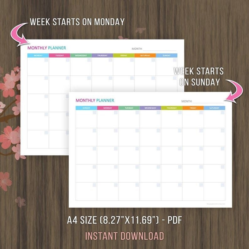 A4 Monthly Planner Printable Monthly Calendar Template A4