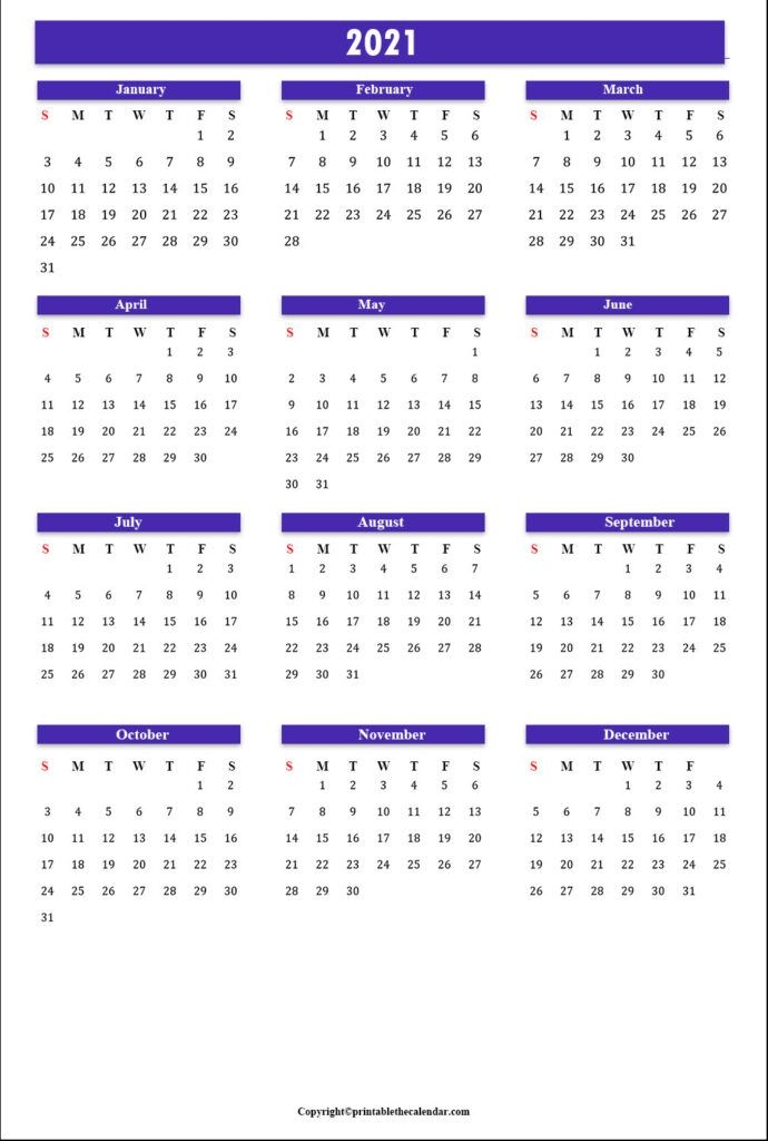 Annual Calendar 2021 | Printable The Calendar