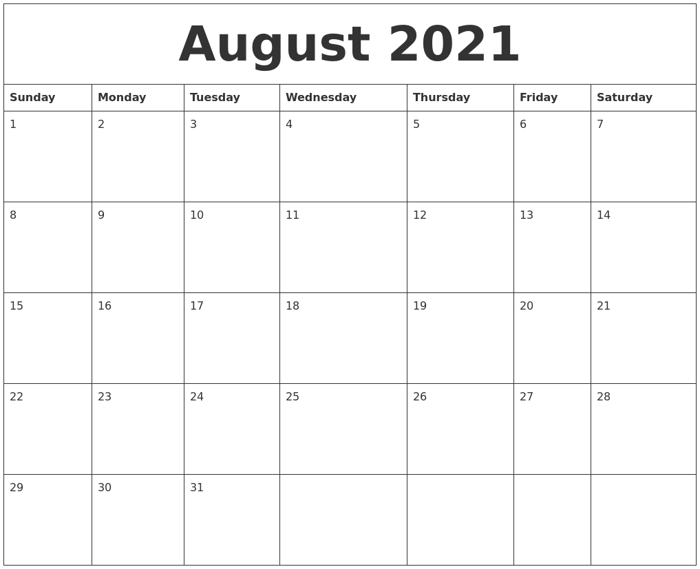 August 2021 Blank Calendar To Print