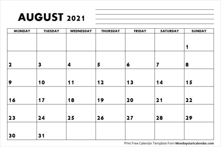 August 2021 Calendar Monday Start | August Month Template