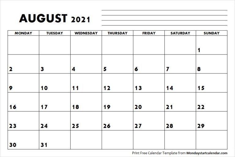 august 2021 calendar monday start | august month template