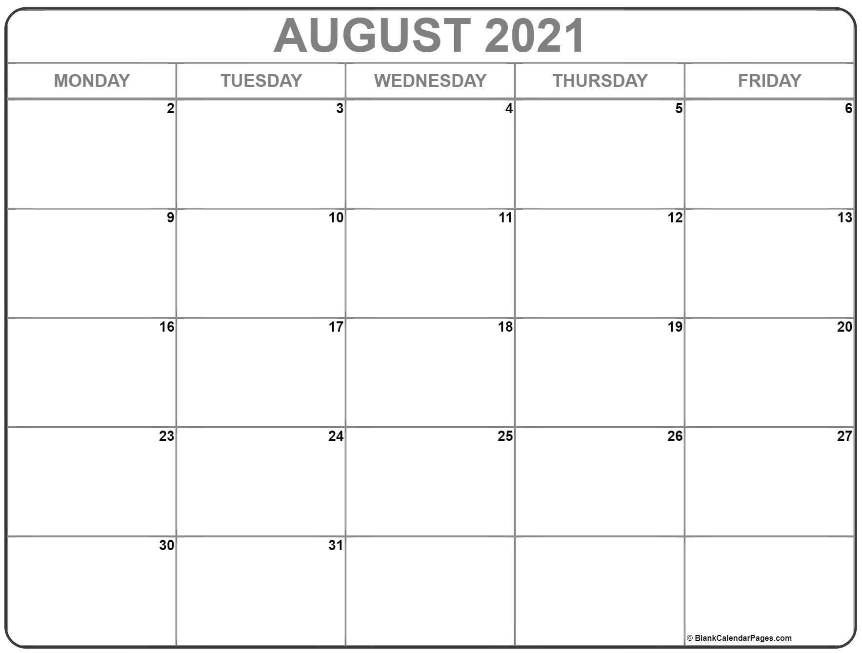 August 2021 Monday Calendar | Monday To Sunday