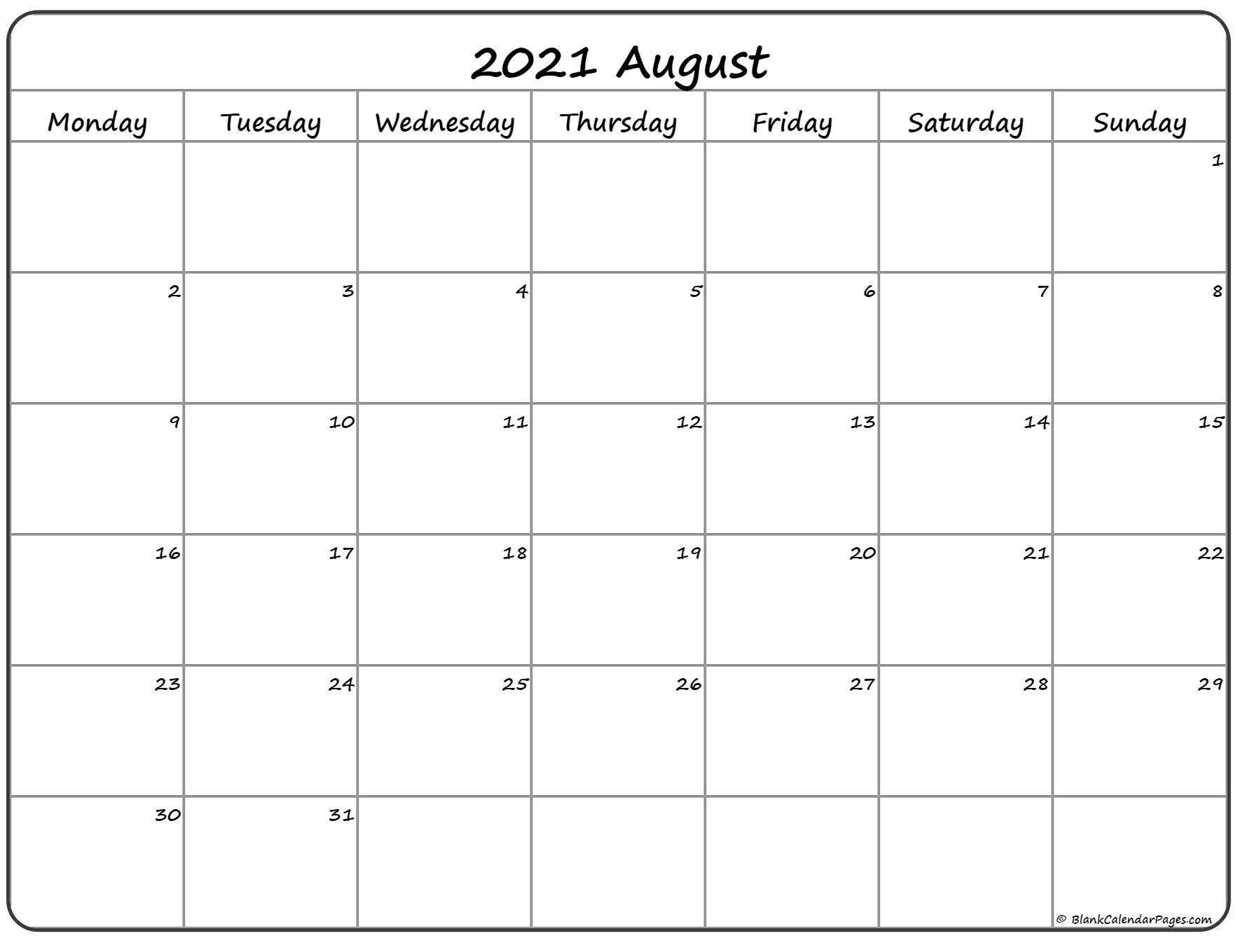 August 2021 Monday Calendar | Monday To Sunday