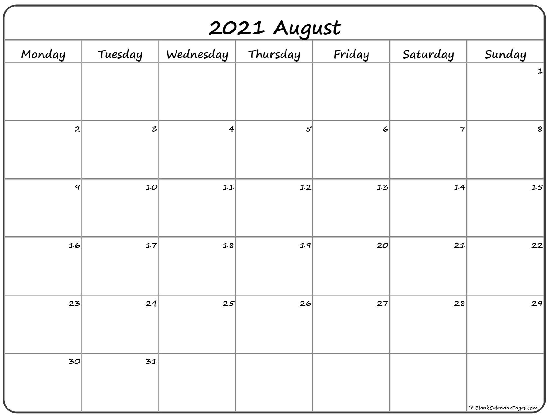 august 2021 monday calendar | monday to sunday