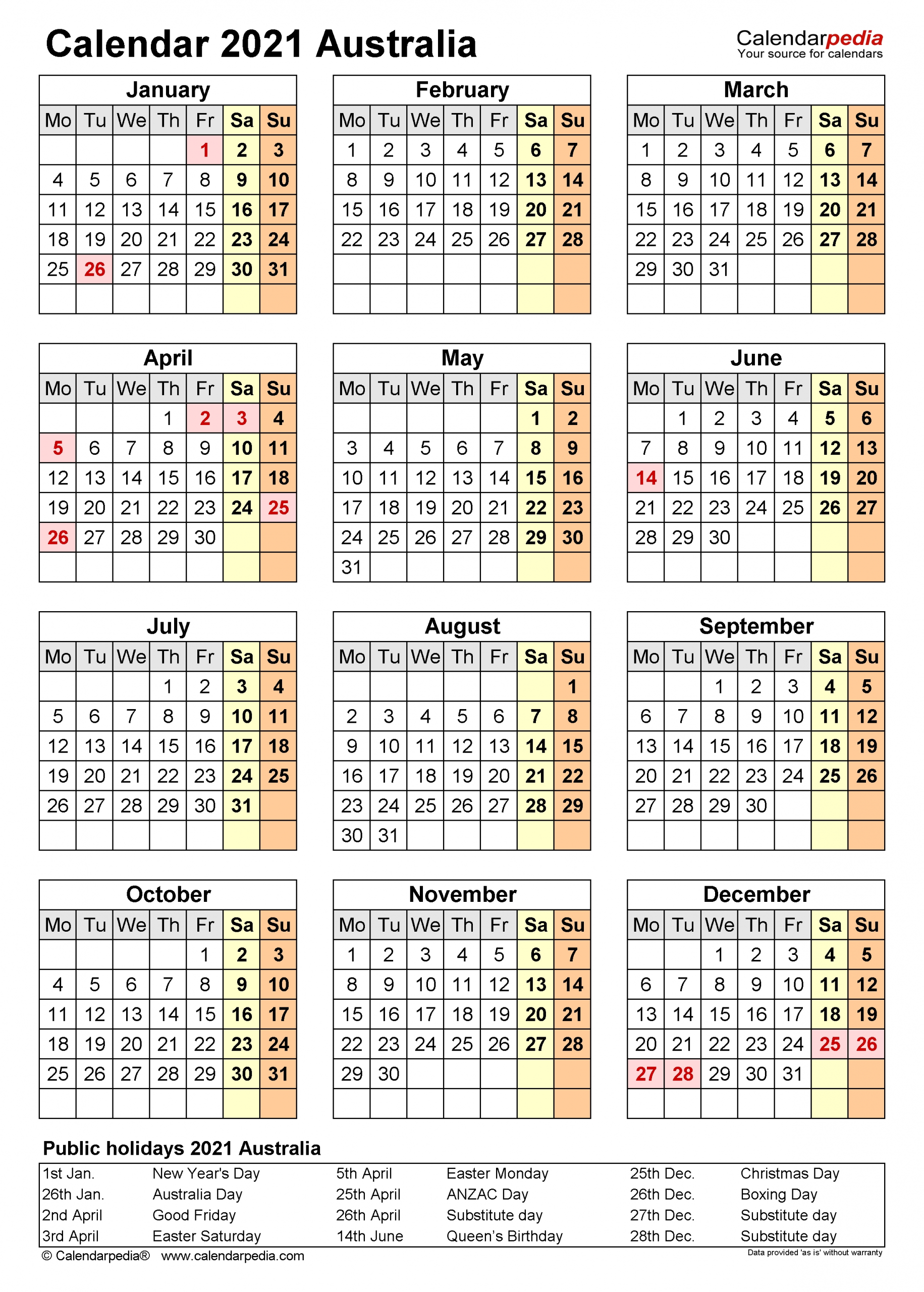 aus federal holiday calendar 2021 | printable march