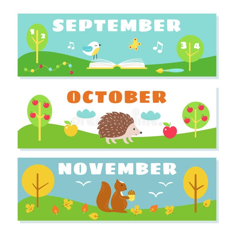 Autumn Months Calendar Flashcards Set Stock Illustration