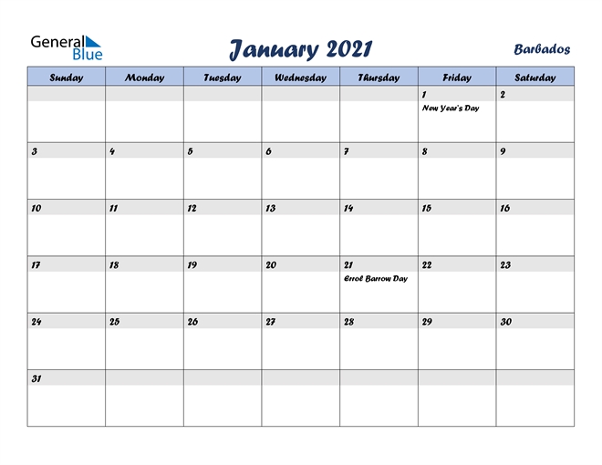 barbados january 2021 calendar with holidays