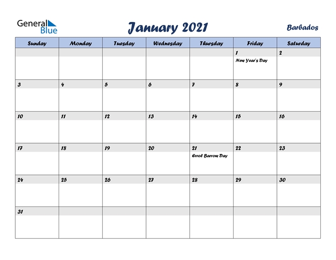 Barbados January 2021 Calendar With Holidays