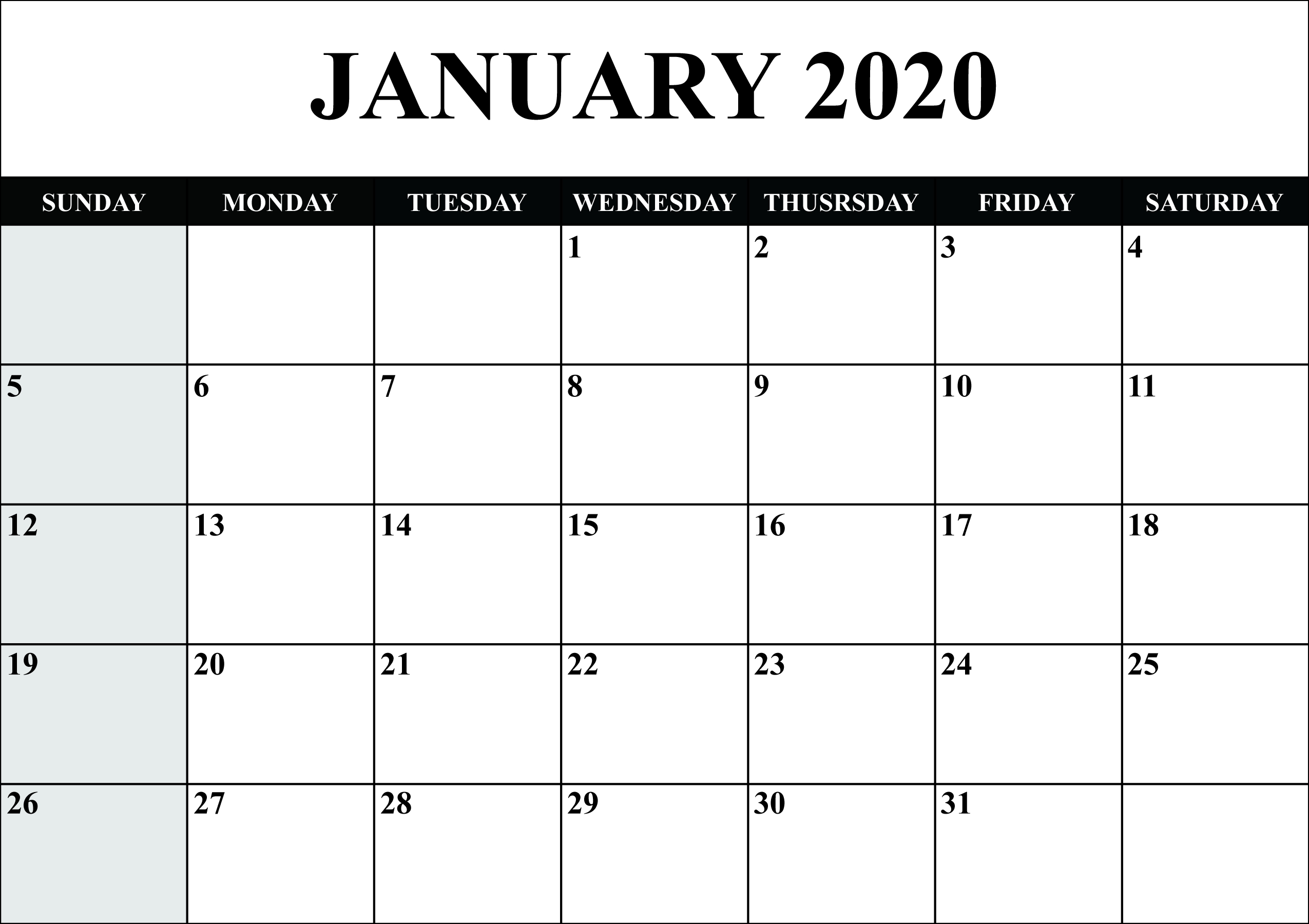 Blank 2020 Calendar Starting On Saturday Printable Free