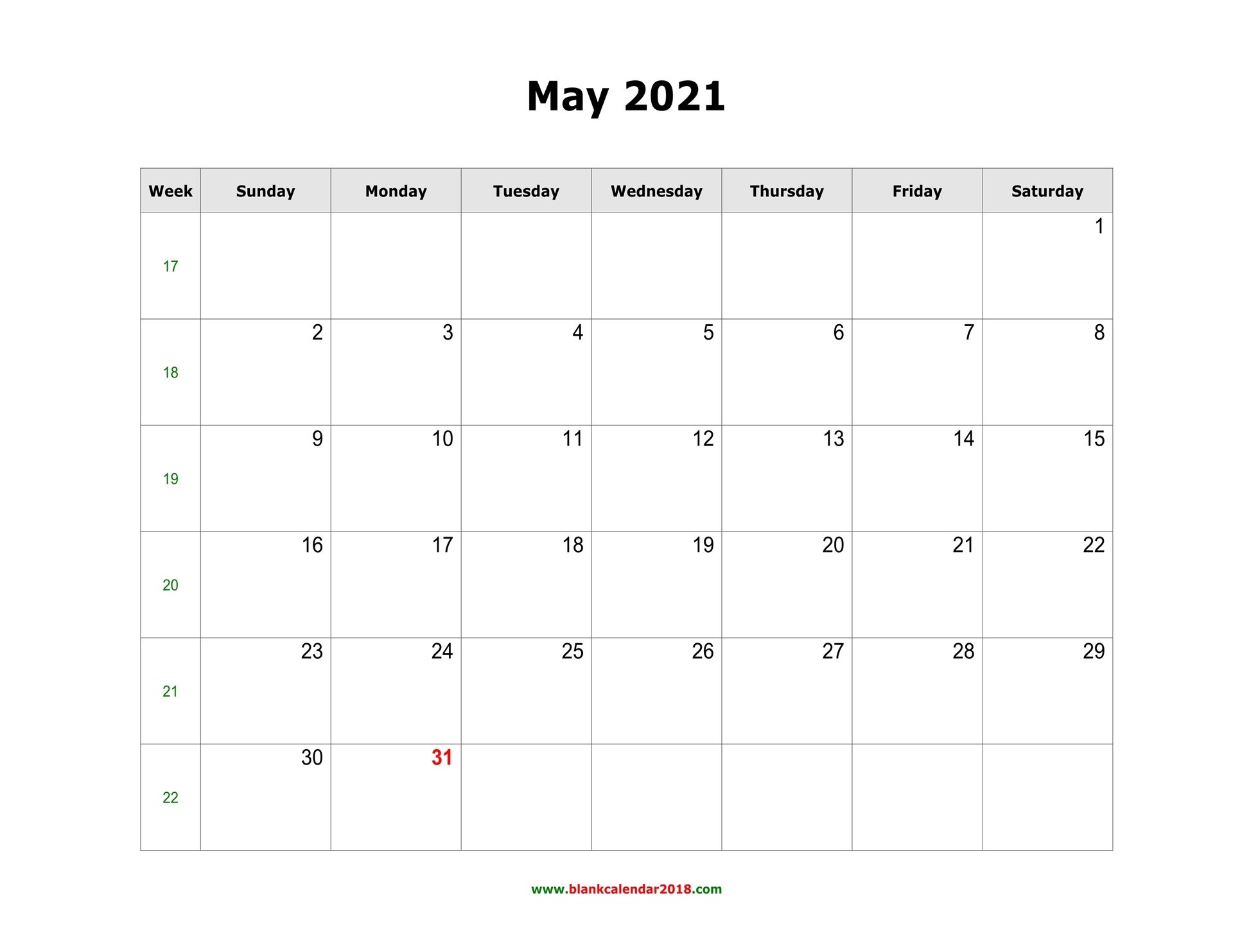 Blank Calendar For May 2021