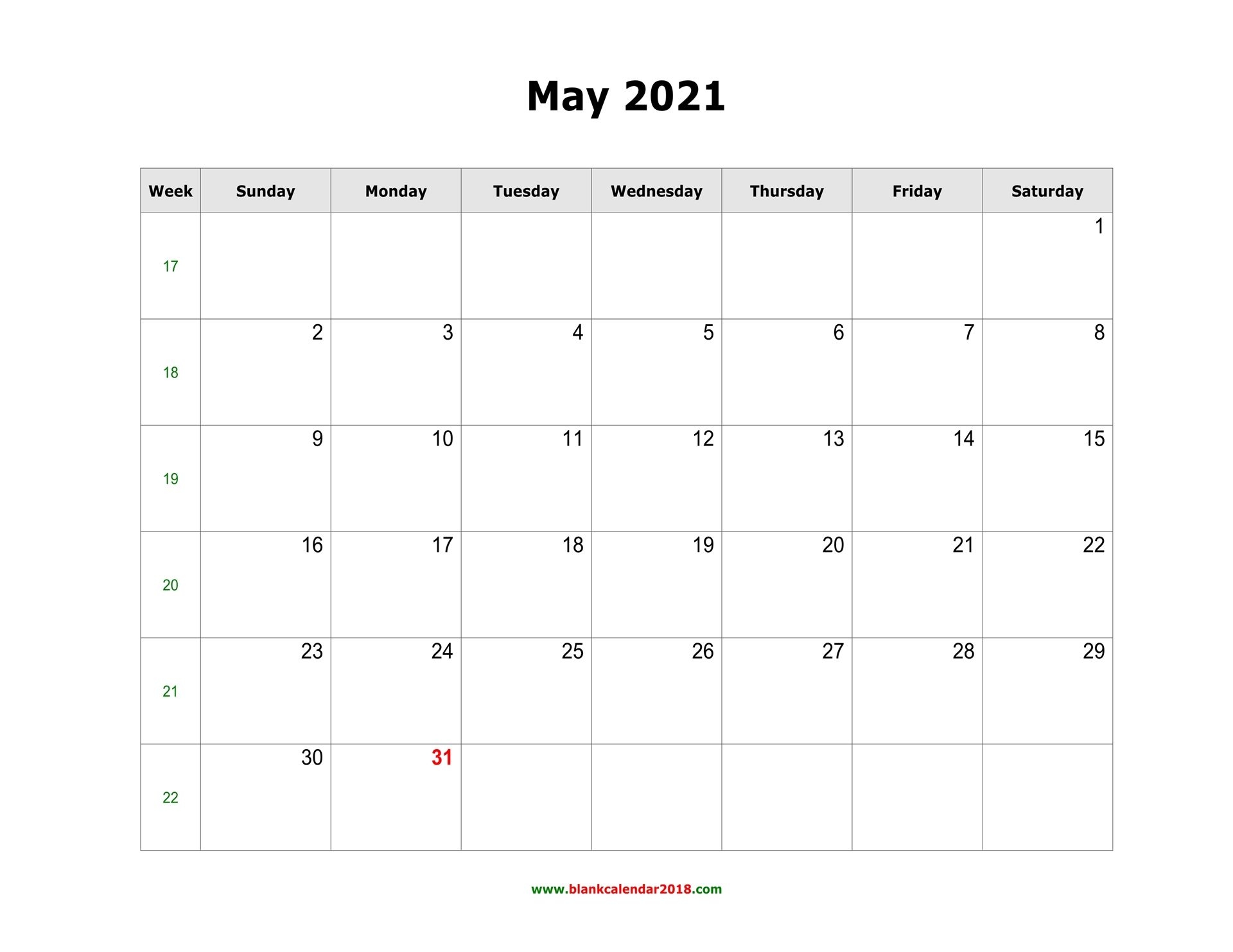 blank calendar for may 2021