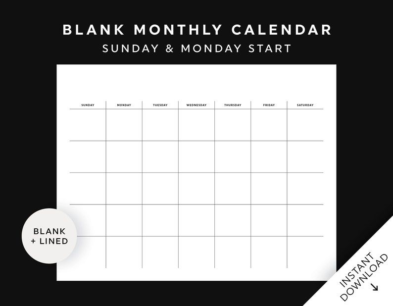Blank Monthly Calendar Printable Wall Calendar Desk | Etsy