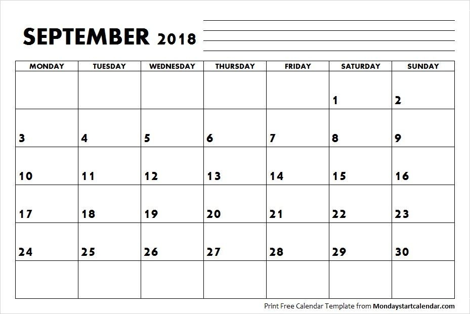Blank September Calendar 2018 Starting Monday | August