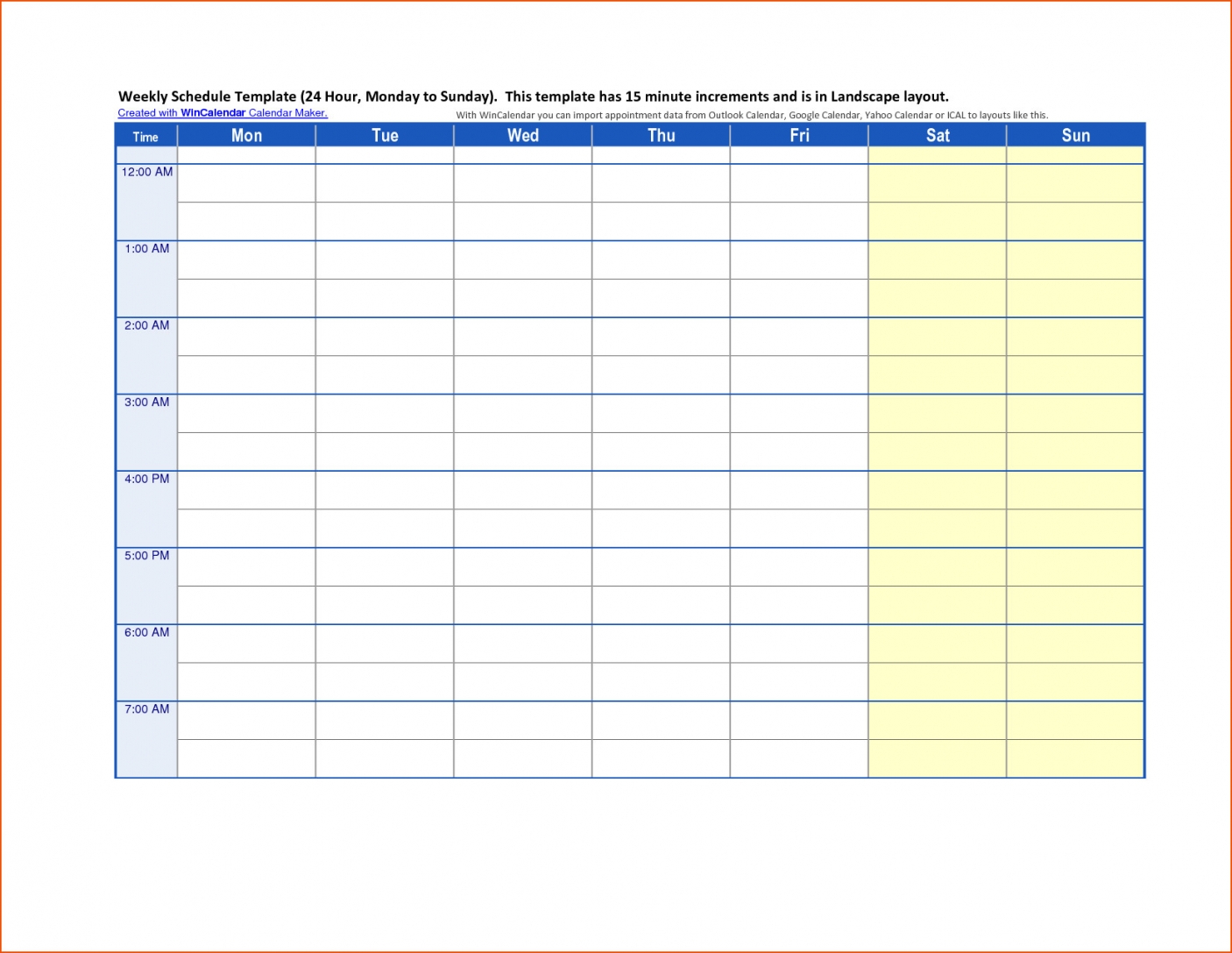 blank weekly calendar 15 minute increments | example