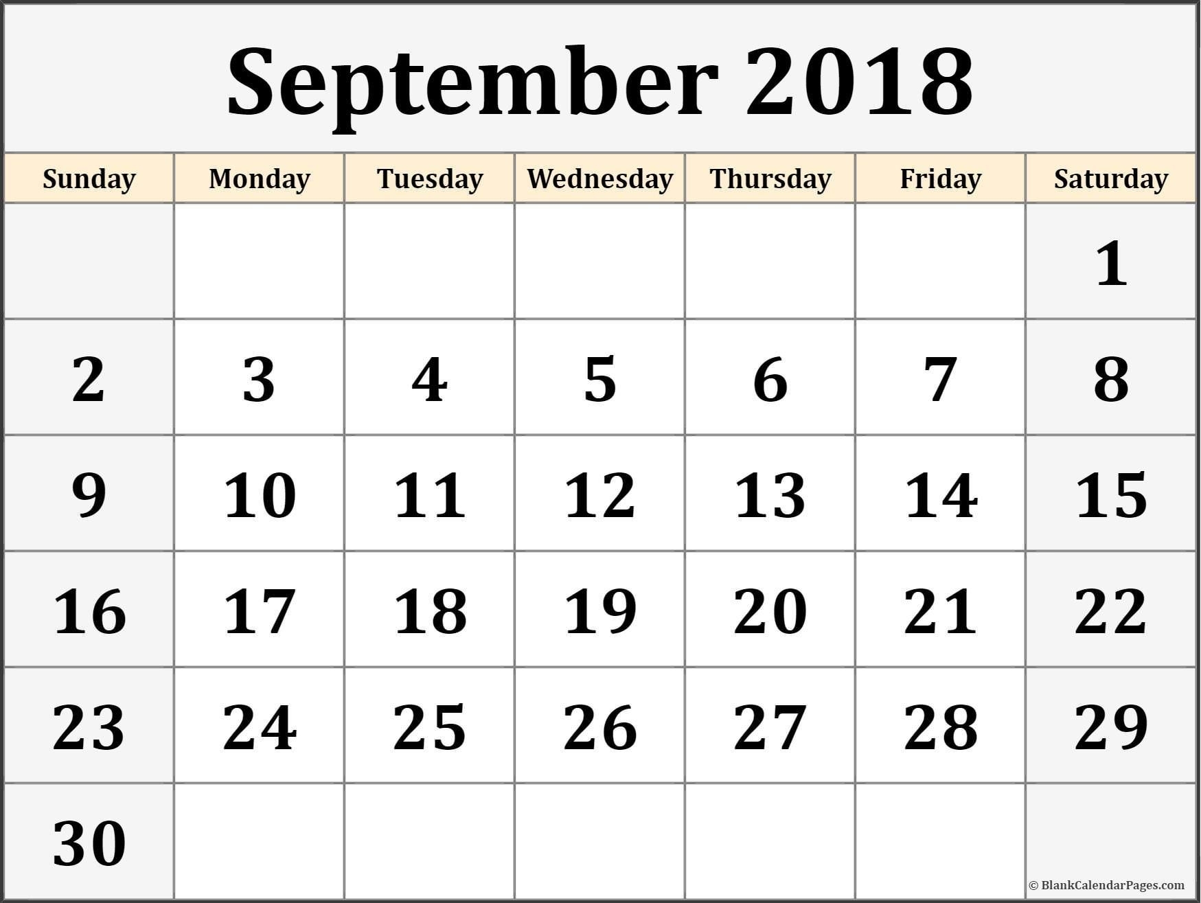 Calendar 2018 September Printable Template Download