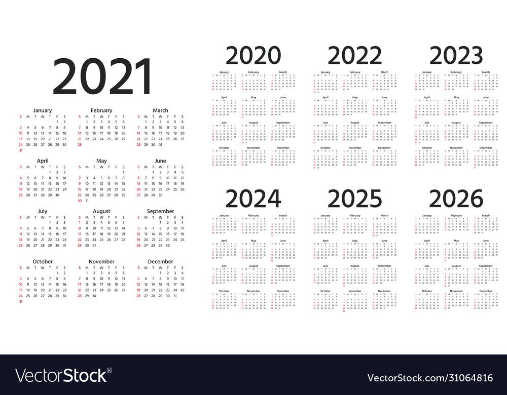 Calendar 2021 2022 2023 2024 2025 2026 2020 Years Vector Image
