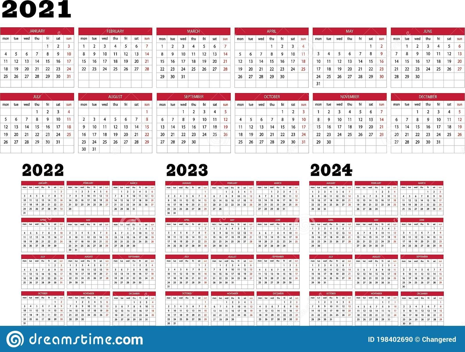 calendar year 2021 2022 2023 2024 stock vector