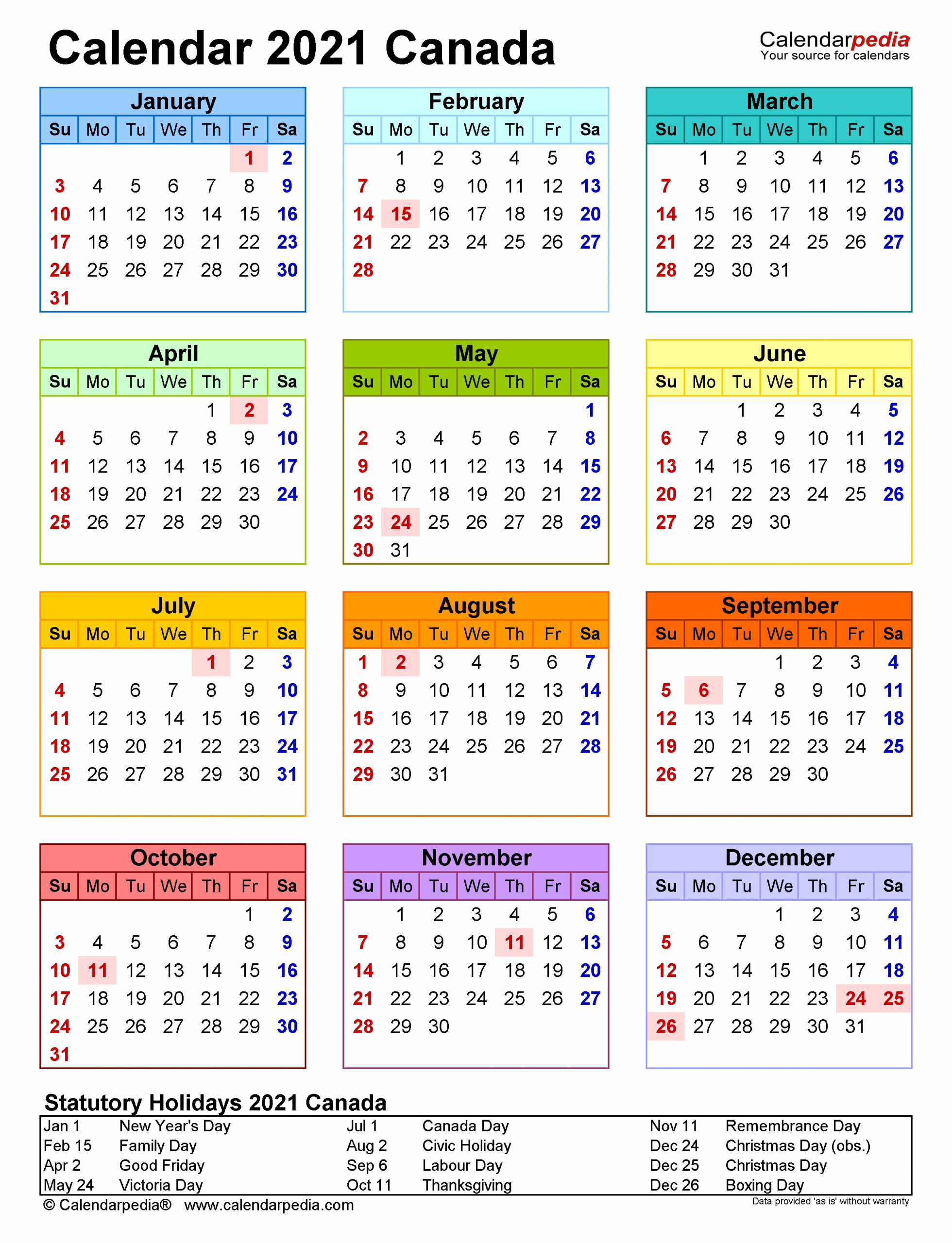 Canada Calendar 2021 Printable With Holidays | 2021