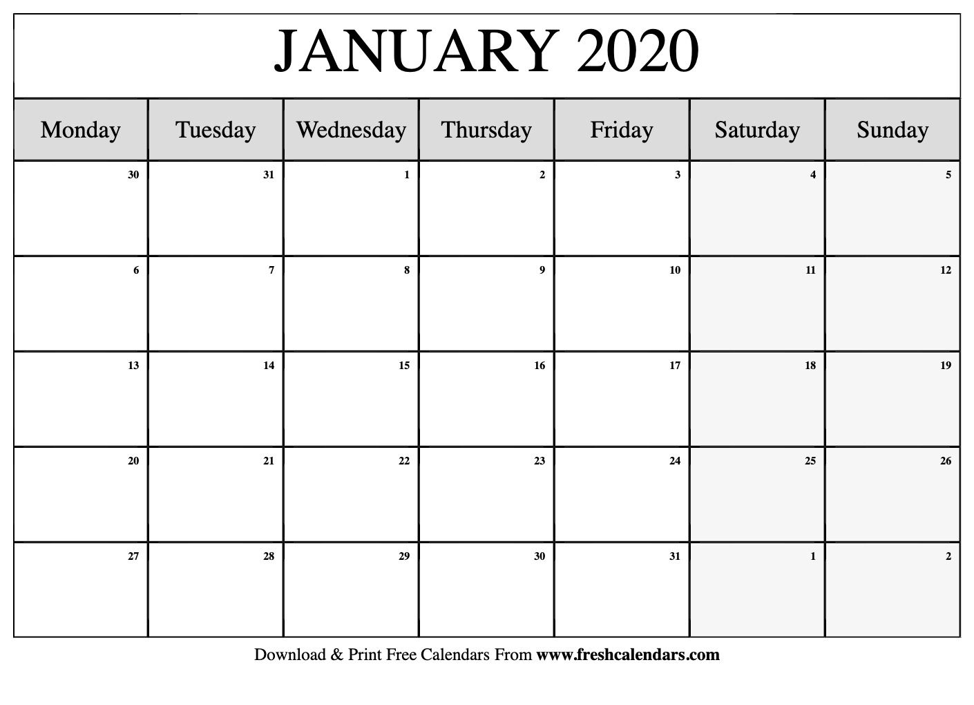 Catch Blank Monthly Calendar 2020 Monday Through Friday