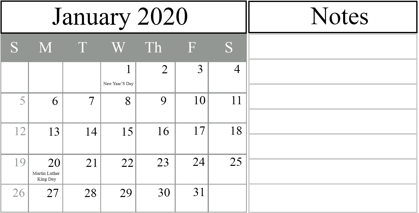 catch editable calendar 2020 free space to write