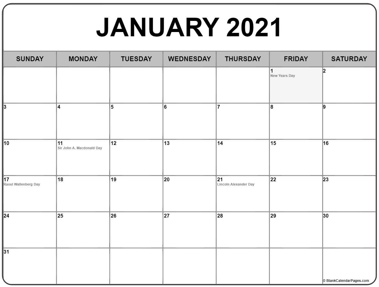 collection of january 2021 calendars with holidays