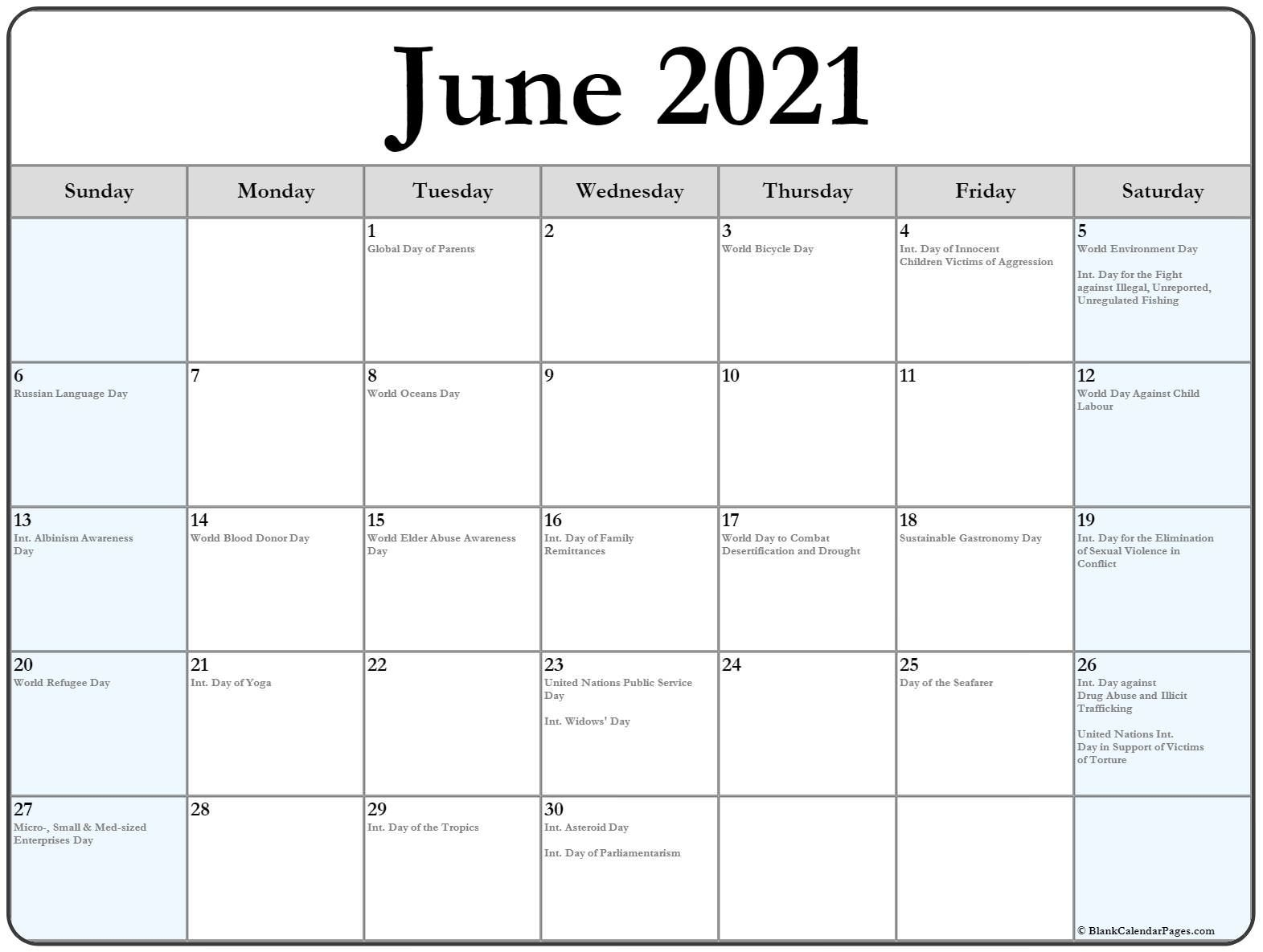 collection of june 2021 calendars with holidays