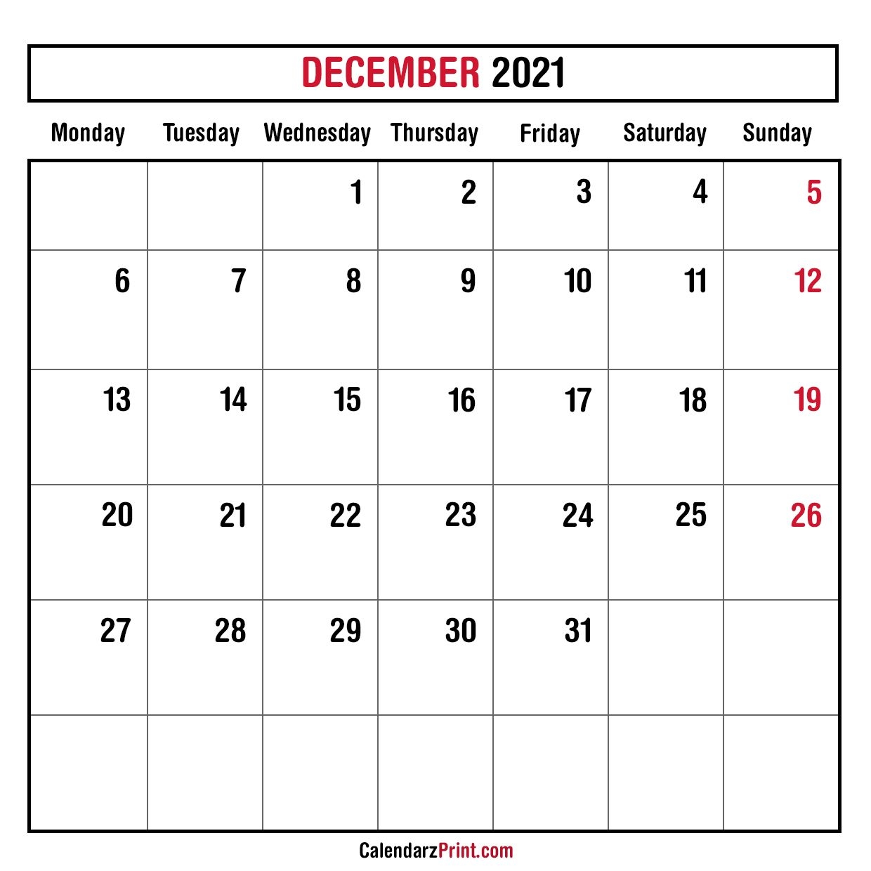 December 2021 Monthly Planner Calendar, Printable Free