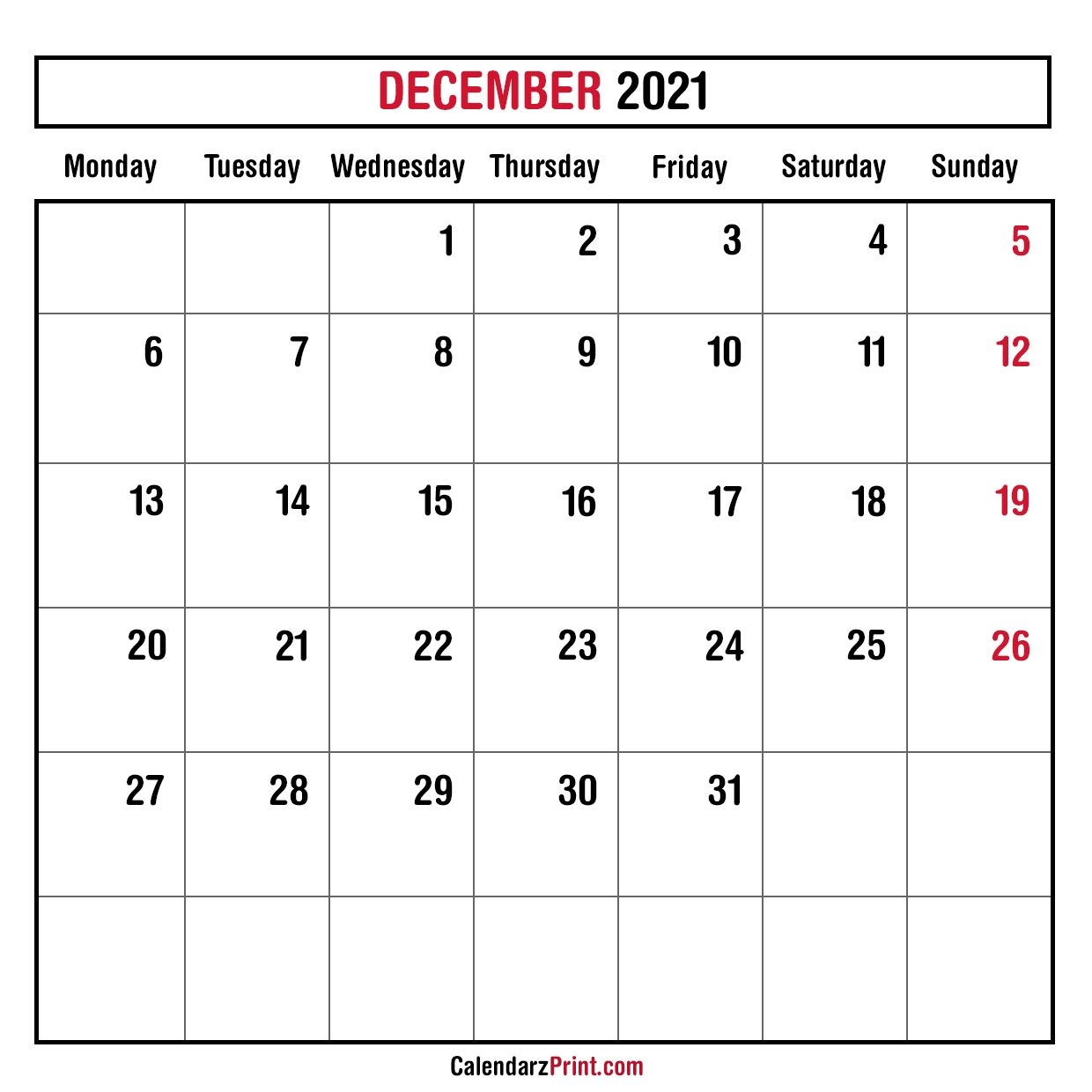 december 2021 monthly planner calendar, printable free