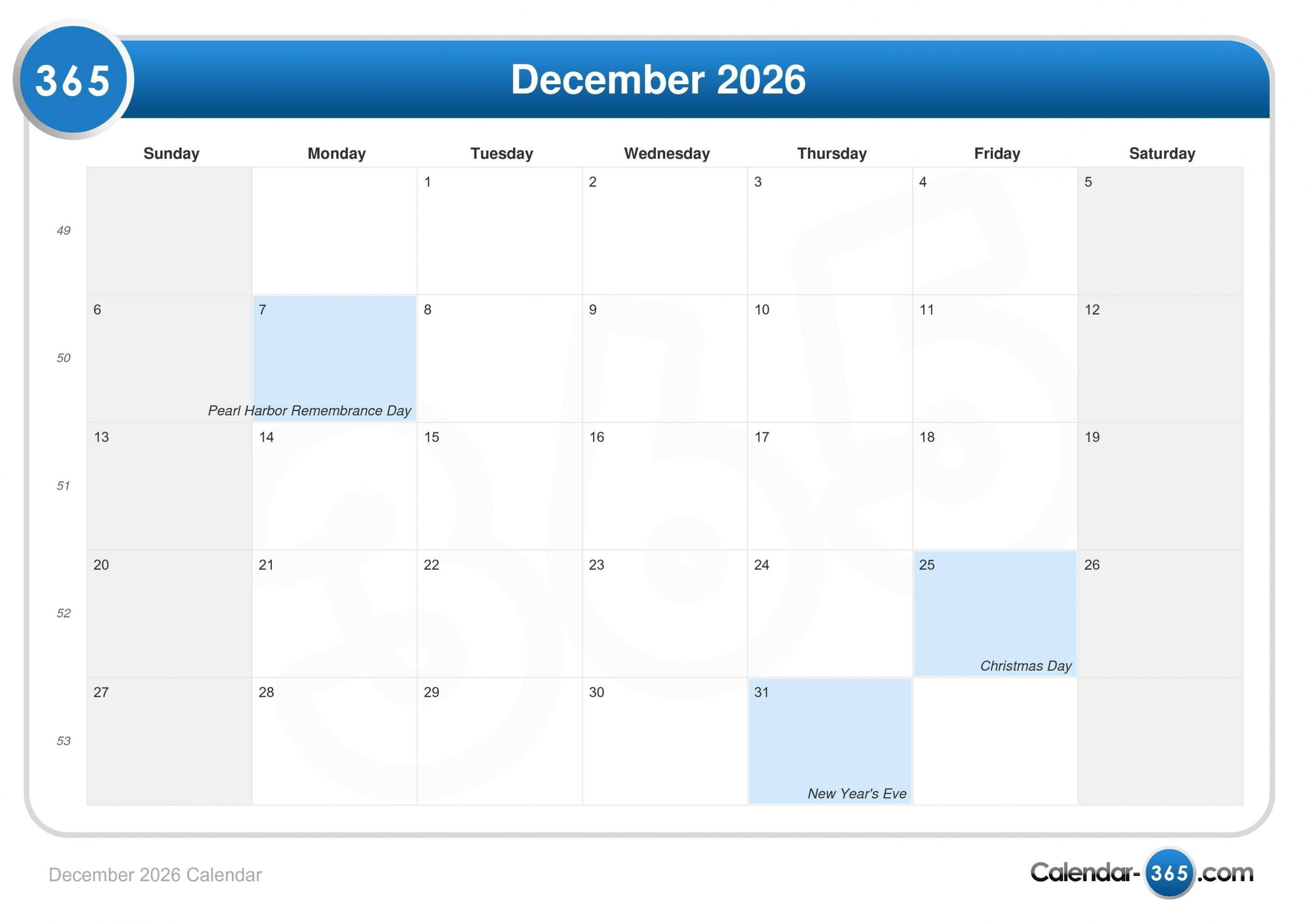 december 2026 calendar