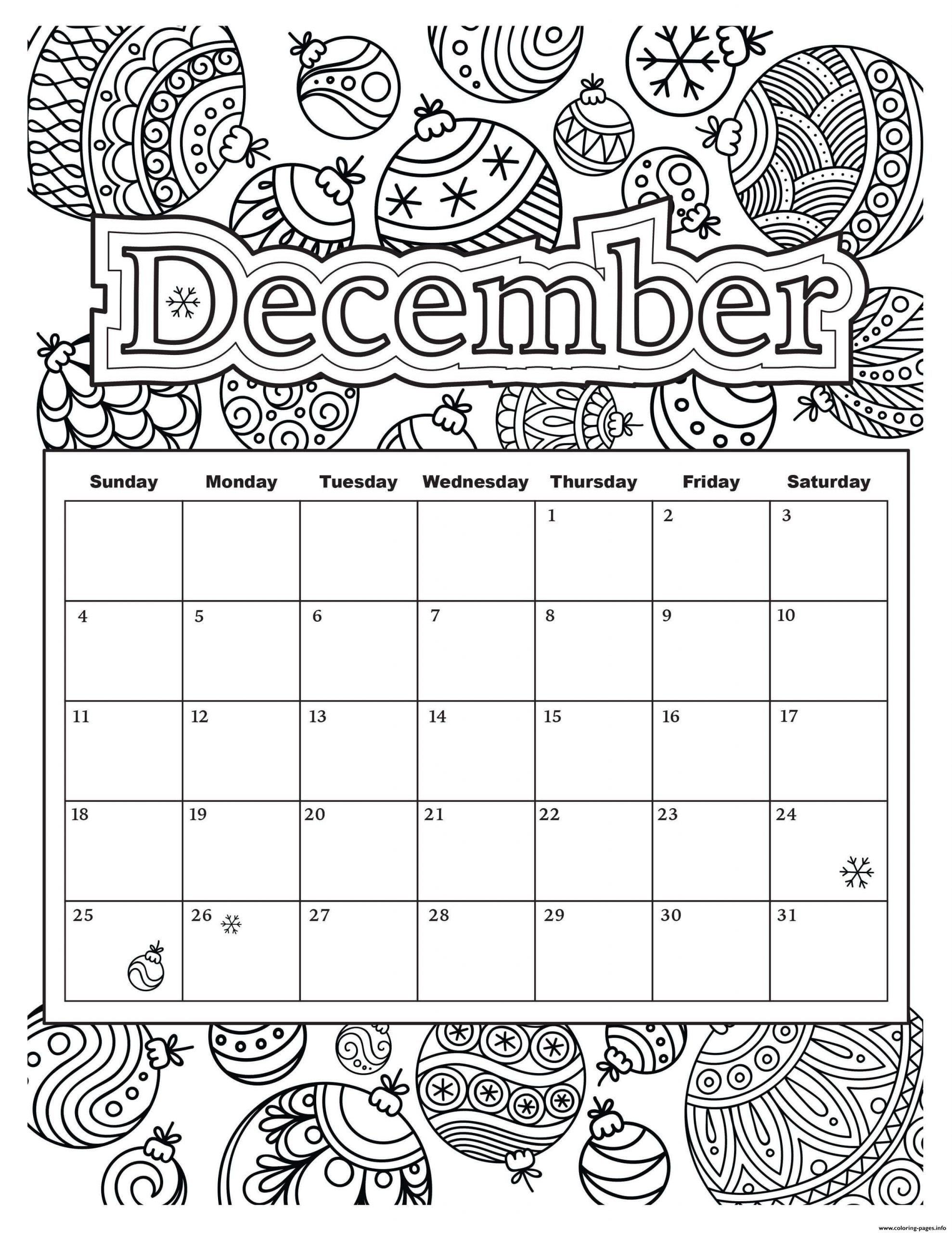 December Calendar Holiday Coloring Pages Printable