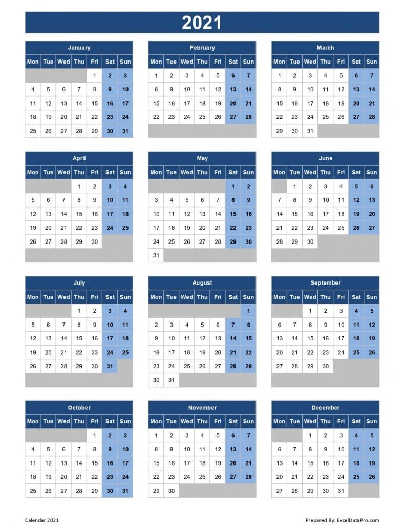 Download 2021 Yearly Calendar (mon Start) Excel Template