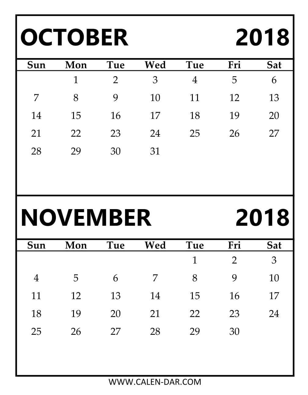 Download And Edit October November Calendar 2018 Free