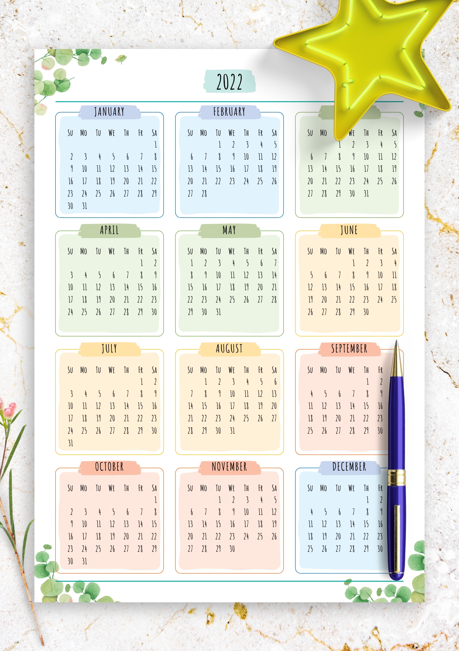 Download Printable Yearly Calendar Floral Style Pdf