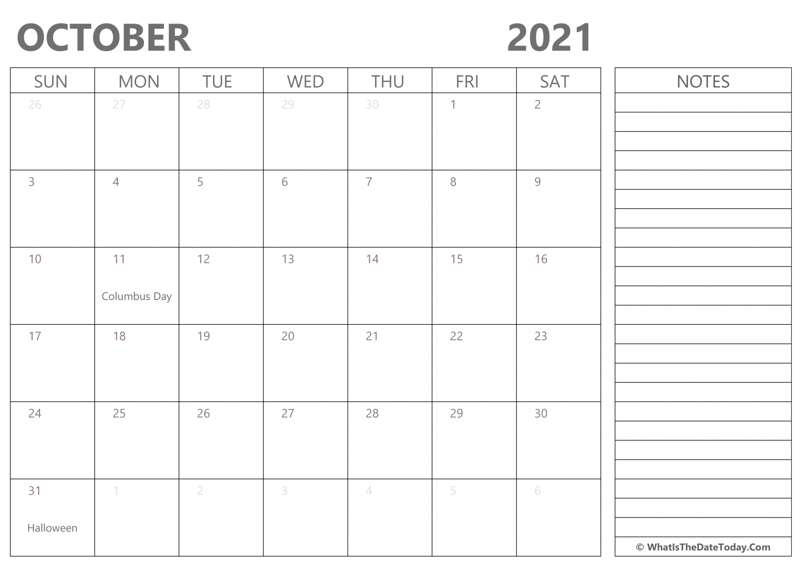 editable october 2021 calendar with holidays and notes