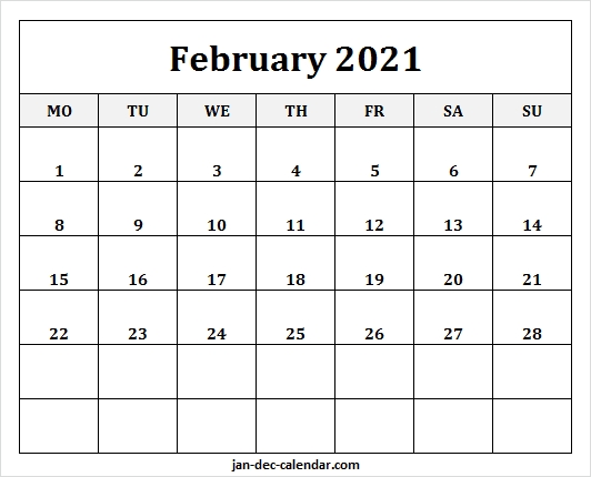 february 2021 calendar monday start | free blank 2021 template