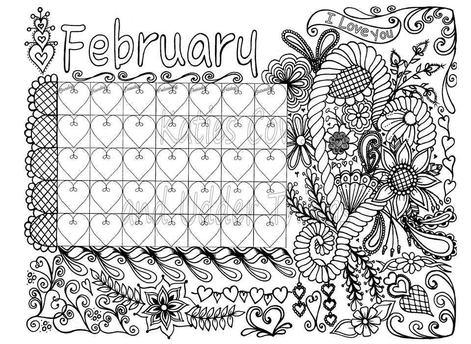 February Doodled Calendar Coloring Page | Etsy