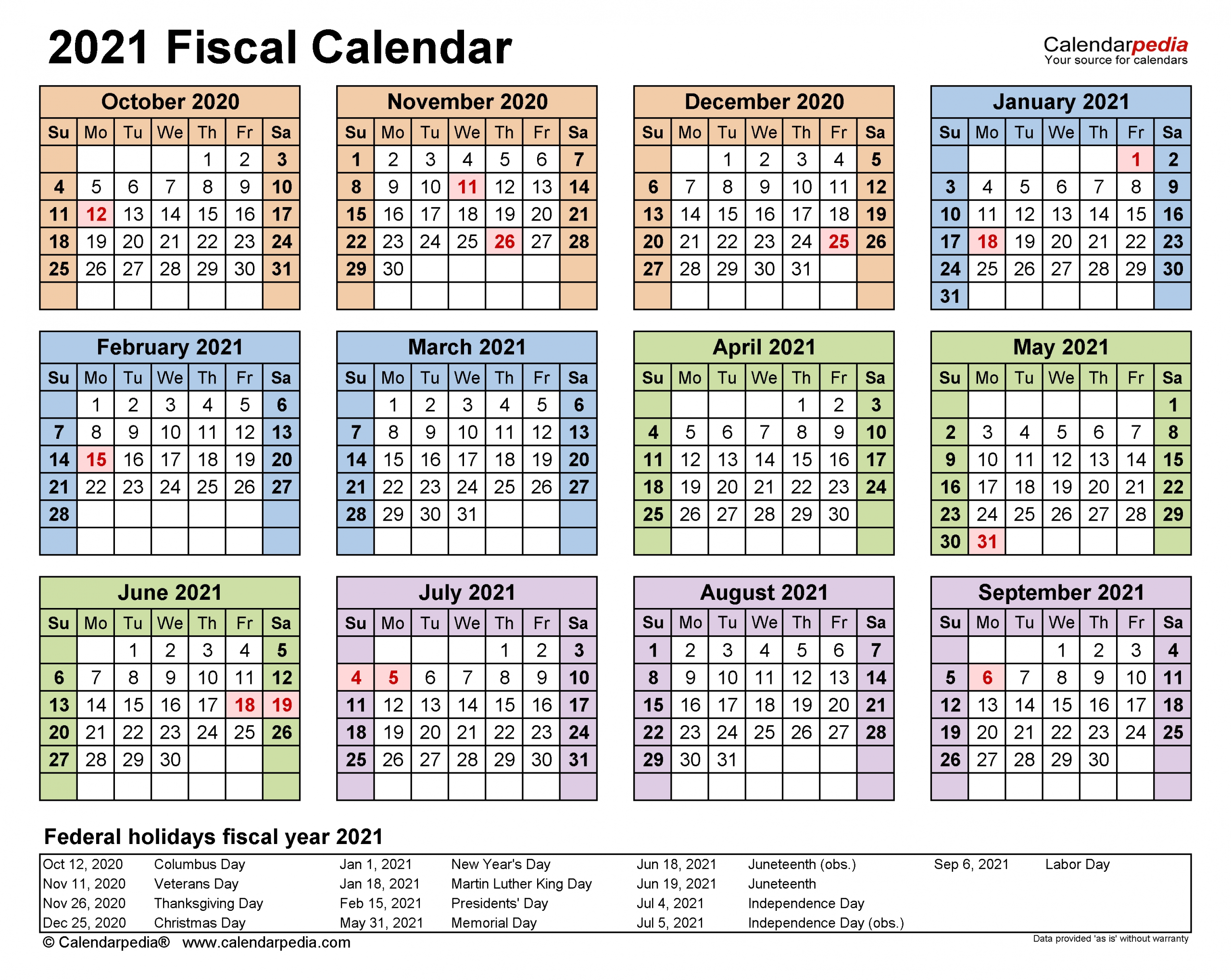 Fiscal Calendars 2021 Free Printable Pdf Templates