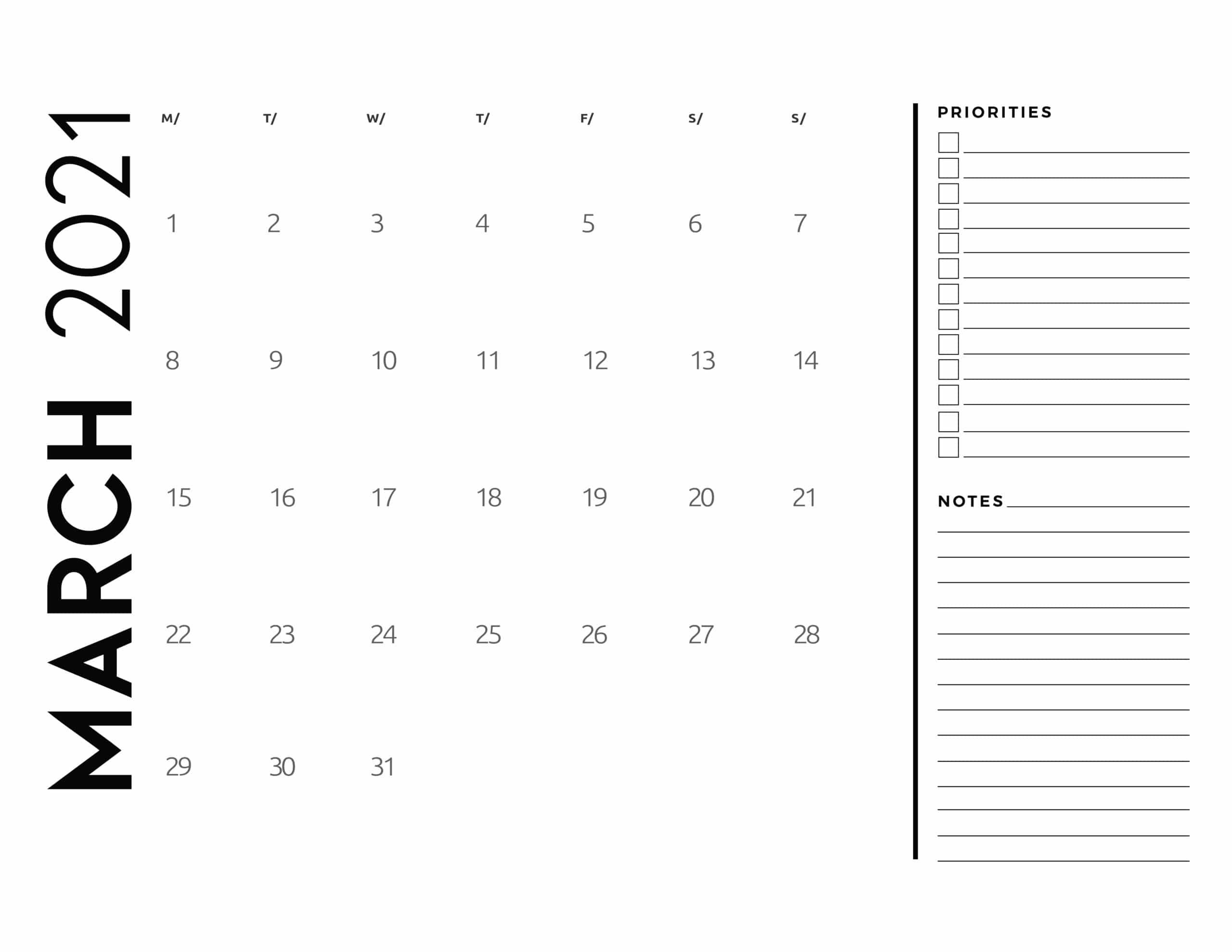 Free 2021 Calendar Priorities And Notes World Of Printables