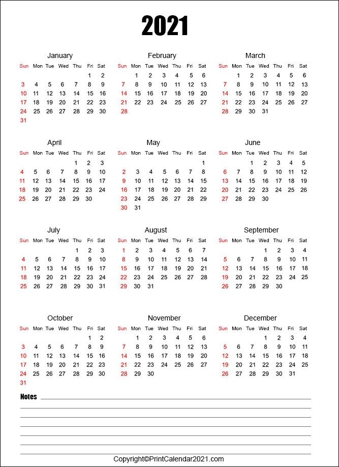 free 2021 calendar with notes