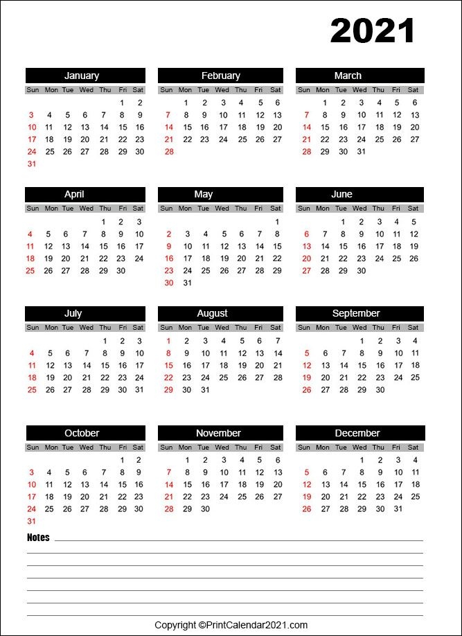 free 2021 calendar with notes