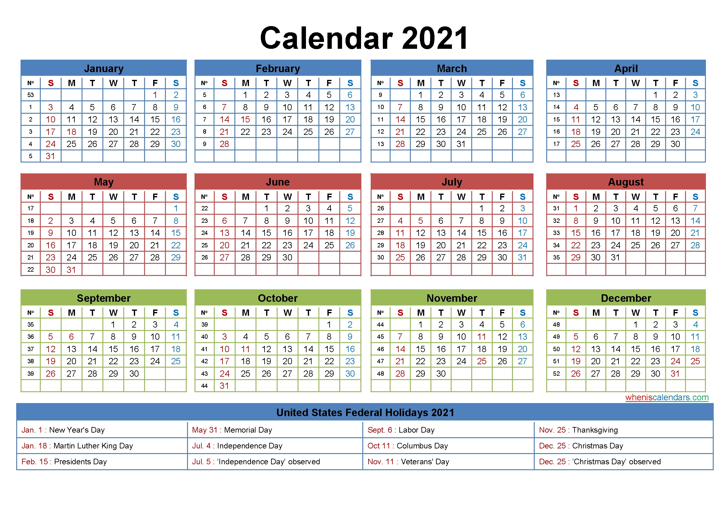 Free 2021 Printable Calendar With Holidays Free