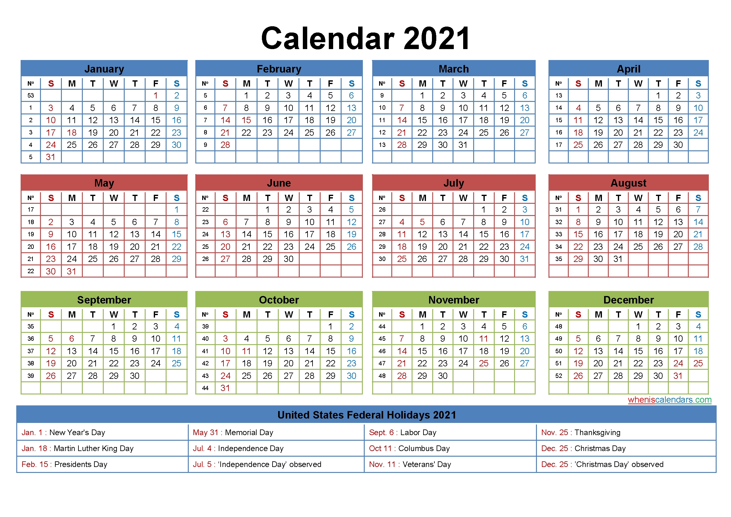 free 2021 printable calendar with holidays free