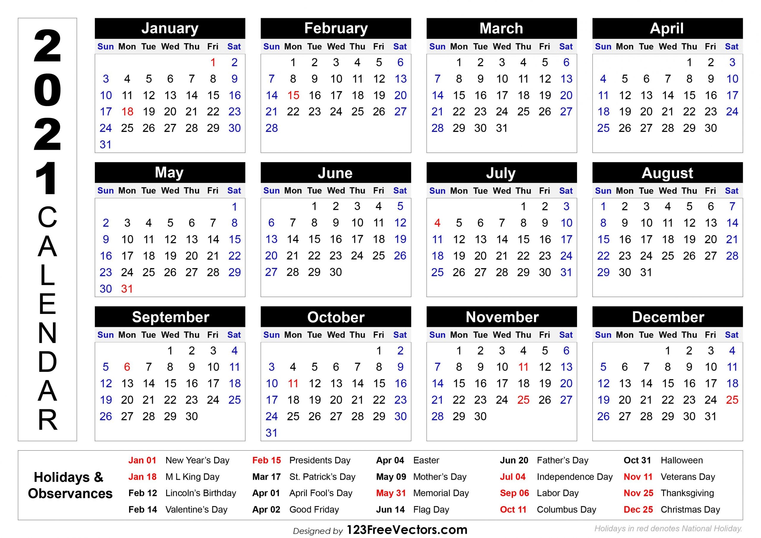 free 2021 printable calendar with holidays