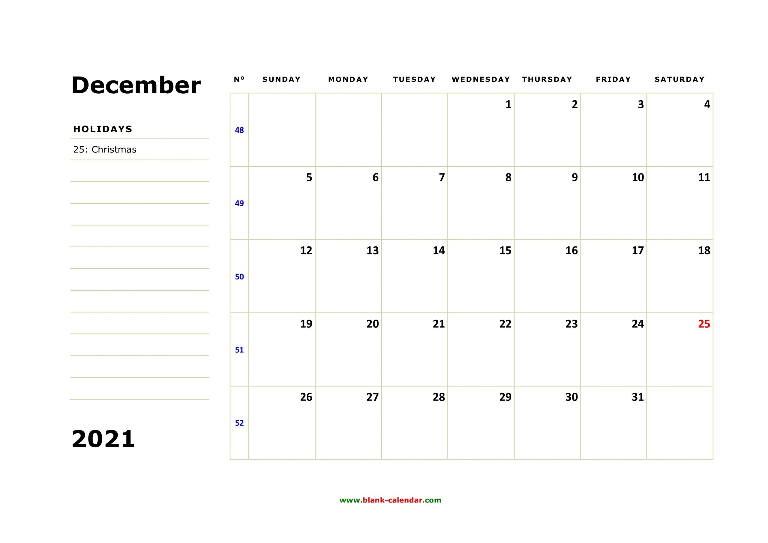 Free Download Printable December 2021 Calendar, Large Box