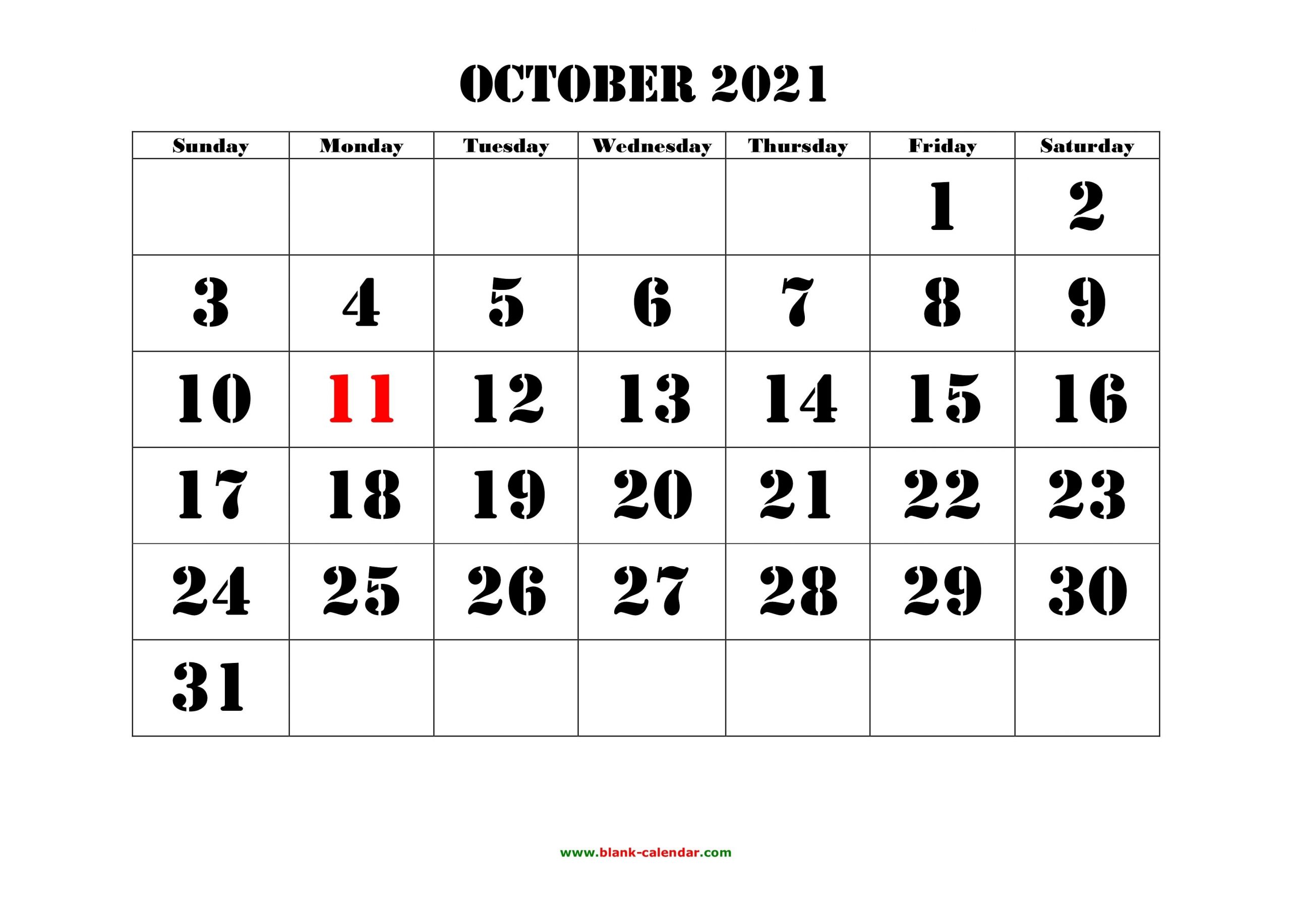 free download printable october 2021 calendar, large font