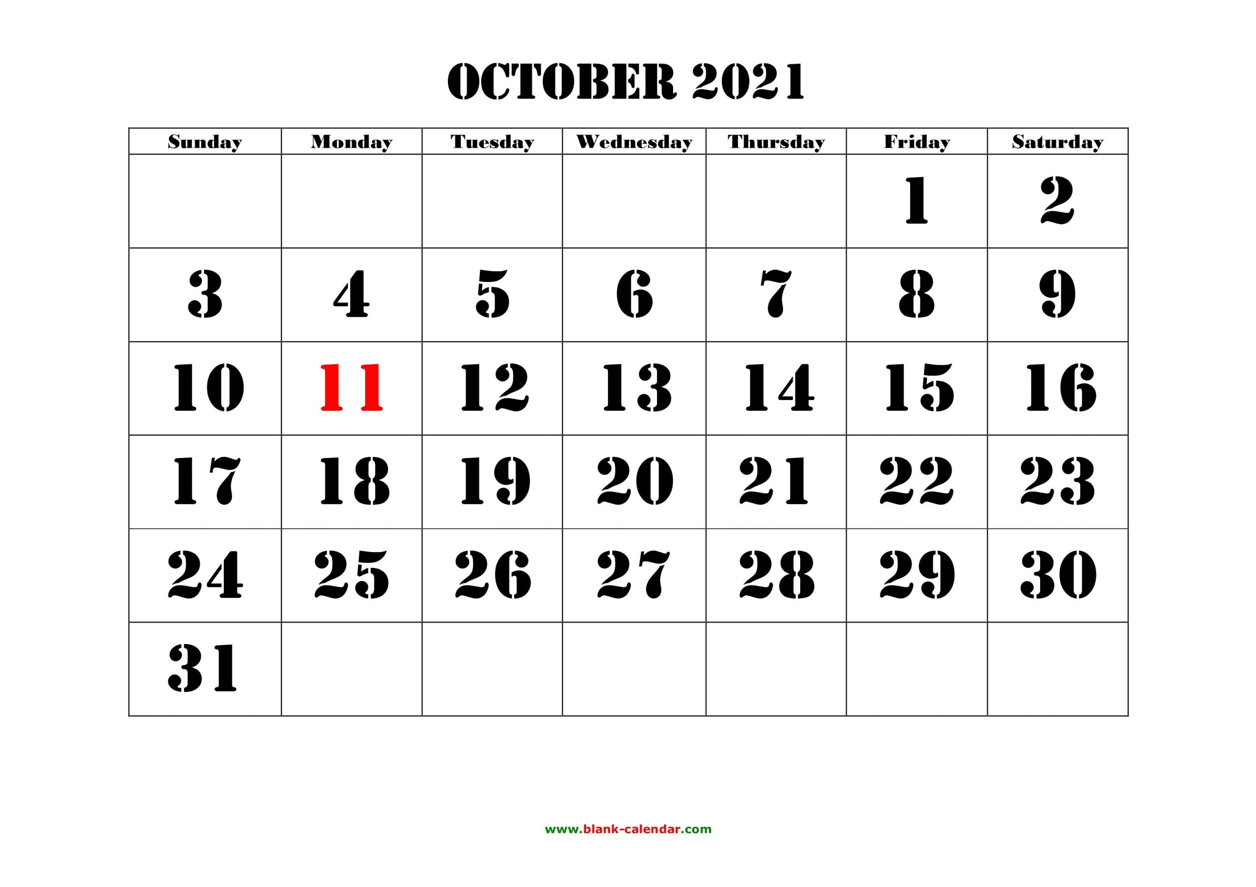 Free Download Printable October 2021 Calendar, Large Font